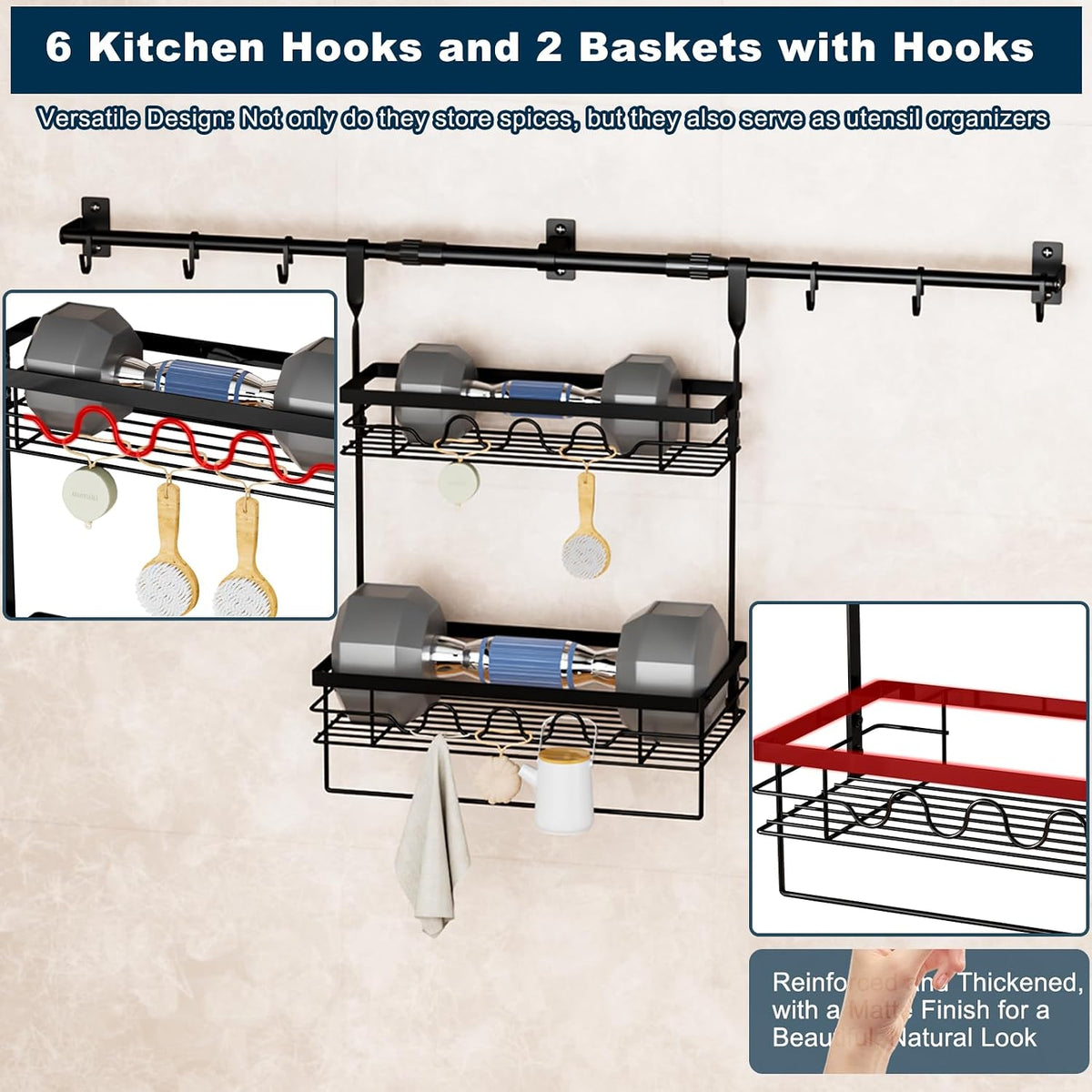 Wall-Mounted Storage Rack, Adjustable Rod Length, Two-Tier with Hooks