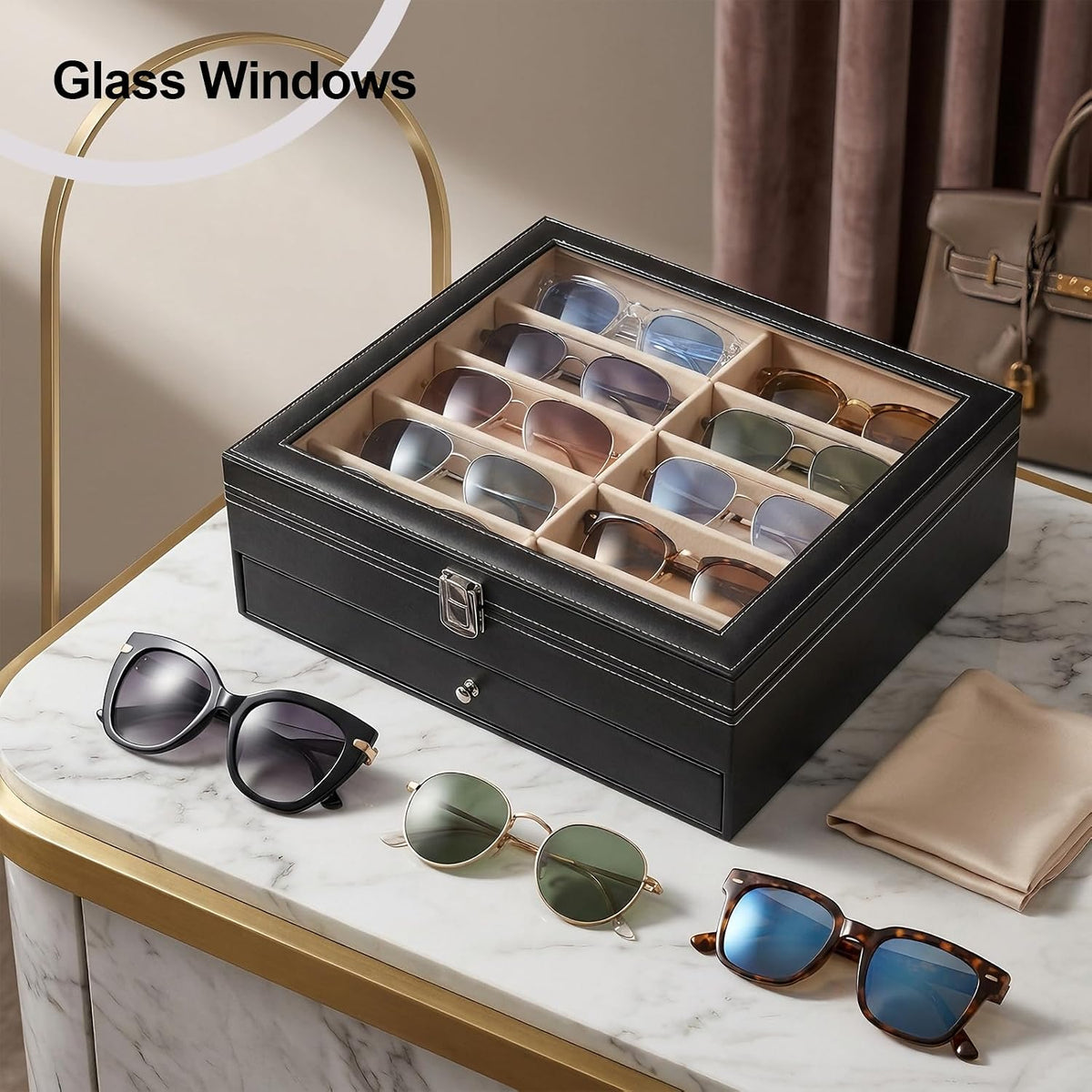 20 Slots Sunglasses Storage Jewelry Box, PU Leather Large Sunglasses Organizer Case Holder with Clear Lid