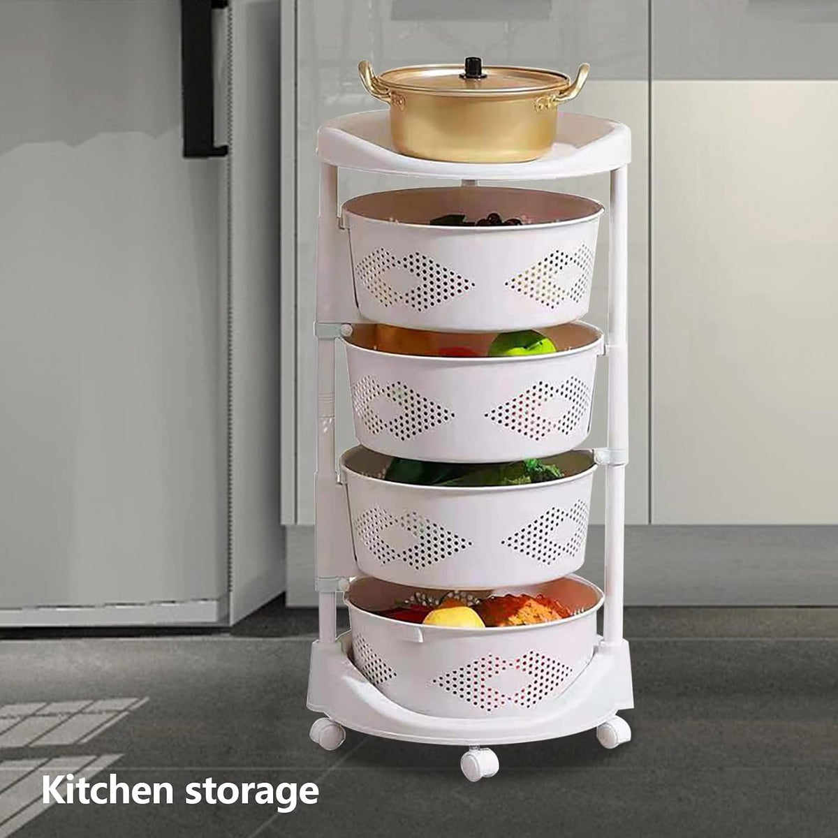 Rotating Storage Shelves Rack, Fruit Vegetable Basket for Kitchen, Kitchen Rotating Storage Rack with Wheels, Removable Roller Grocery Basket Shelf for Corns Potato (Four Layer Storage Basket), White