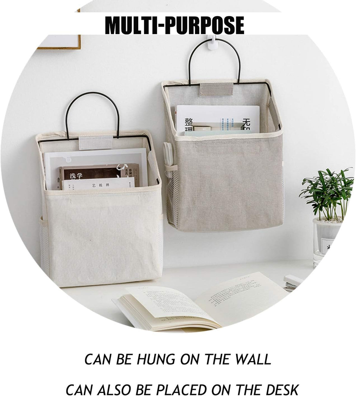 Wall-Hanging Storage Bags, Desktop Organizer Basket Cotton Linen Hanging Storage Basket for Kitchen,Bderoom,Living Room (#2 White)