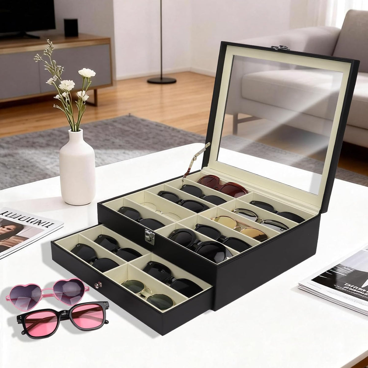 Sunglasses Organizer 20 Slots, Multiple Pairs Glasses Storage Case Leather Eyeglasses Display Box for Women Men