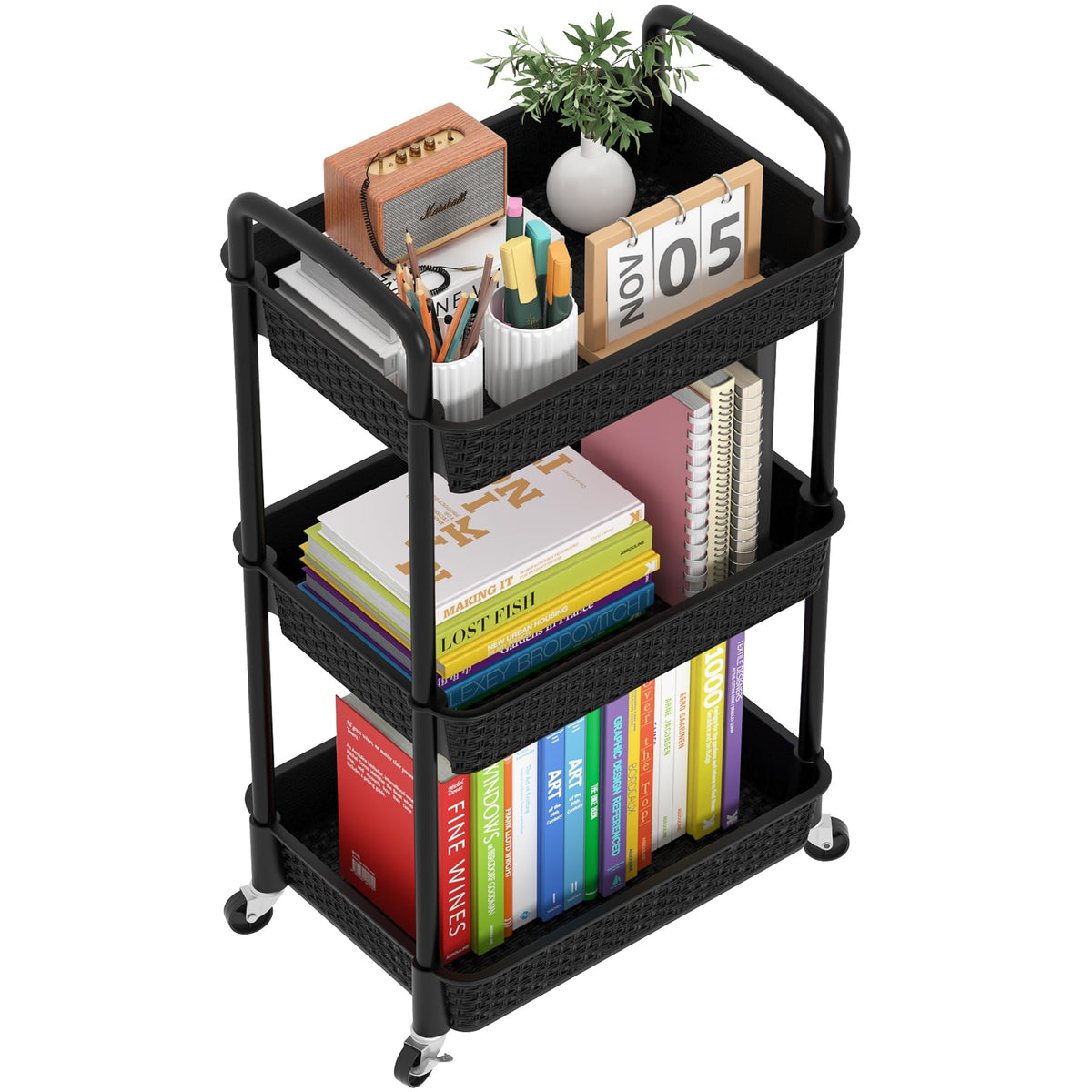 MOYIPIN 3-Tier Plastic Rolling Utility Cart with Handle,Utility Storage Cart for Office, Living Room, Kitchen,Movable Storage Organizer Shelves,White