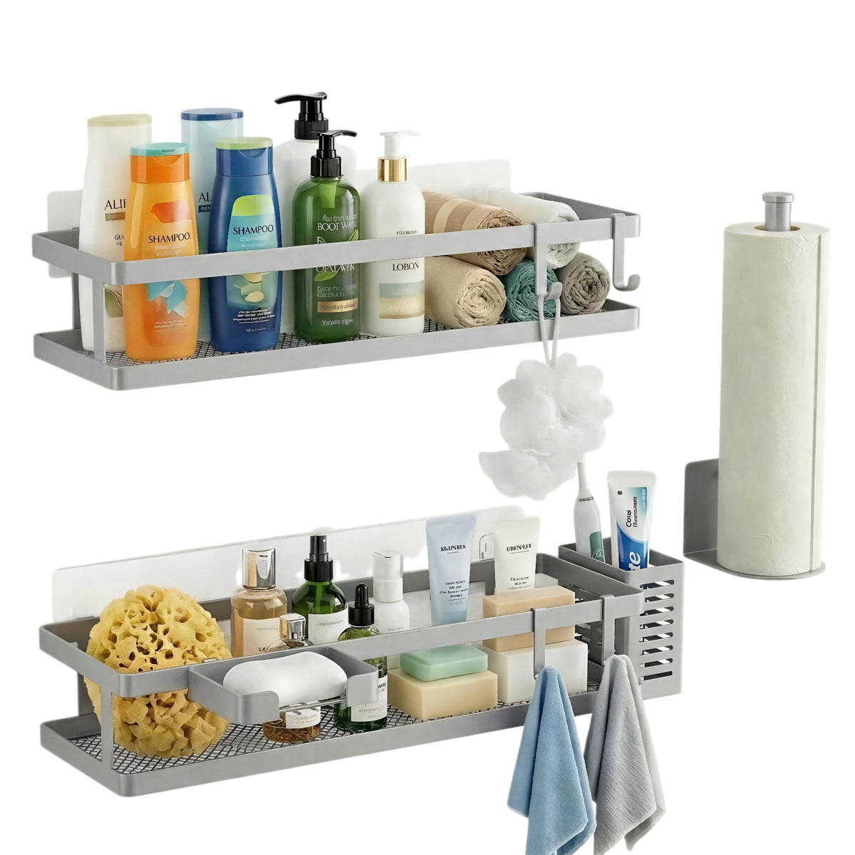 PUSDON 16.5-Inch Extra Long Slim Mesh Shower Caddy, Wall Mounted Bathroom Organizer with Adhesive, Heavy Duty Rustproof Shelf for Narrow Kitchen Pantry & RV, Holds 50 LBS 2-Pack - White Netting