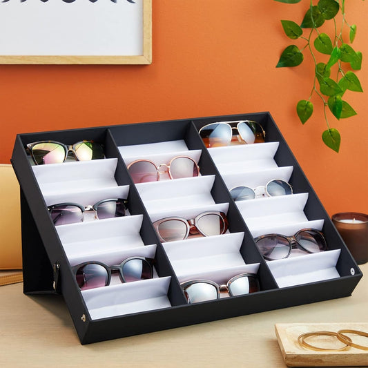 Juvale 18-Slot Sunglass Organizer & Sunglasses Case - Black 18.7 x 14.9 x 2.4 in - Eyeglass Holder & Glass Display Box for Desk & Vanity - Travel Storage Organizer & Watch Storage Box