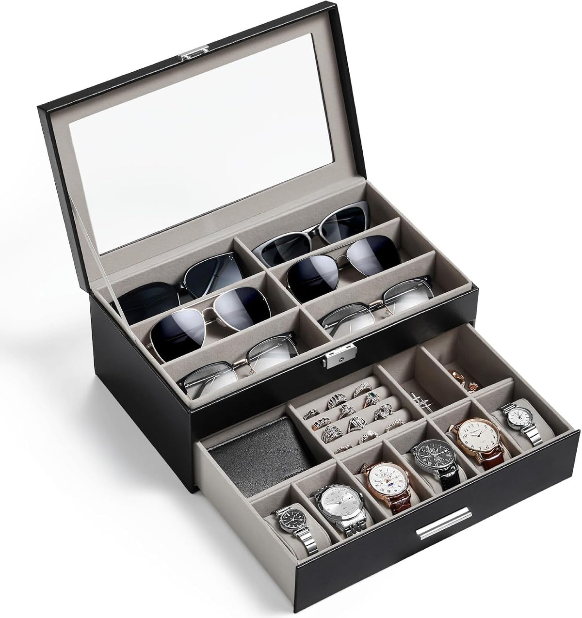 Lifewit 2 Layer Sunglasses & Watch Organizer, Glass Lid Display Case, Black