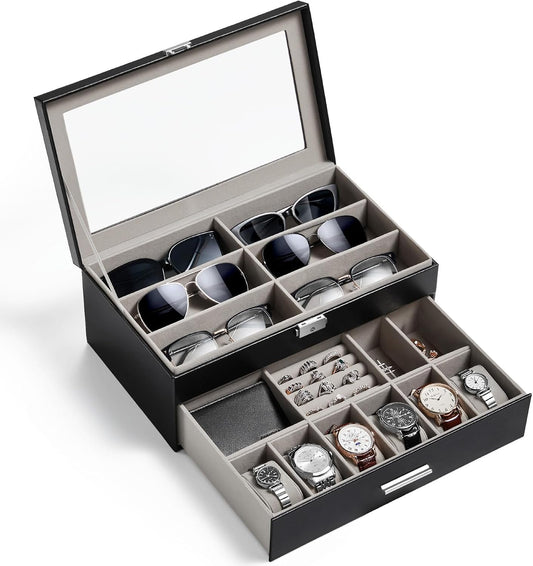 Lifewit 2 Layer Sunglasses & Watch Organizer, Glass Lid Display Case, Black