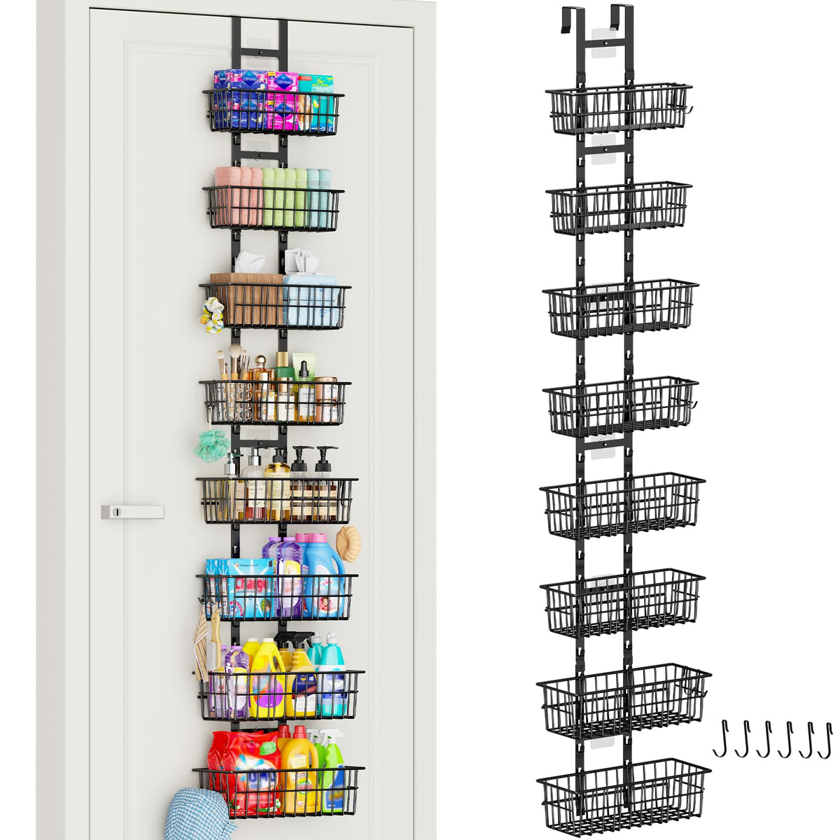 Hongtamoya Adjustable Over the Door Organizer, Metal Hanging Door Organizer with 5 Wire Basket 7 Hooks, Wall Mounted Shelf for Pantry Laundry Organization and Storage, Black