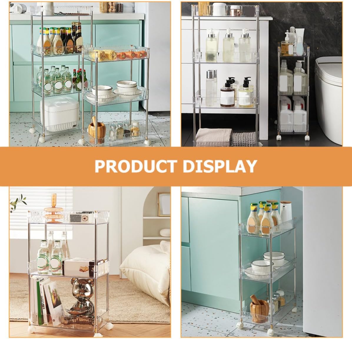 Three Layer Bathroom Storage Cart Plastic Stainless Steel Organizer