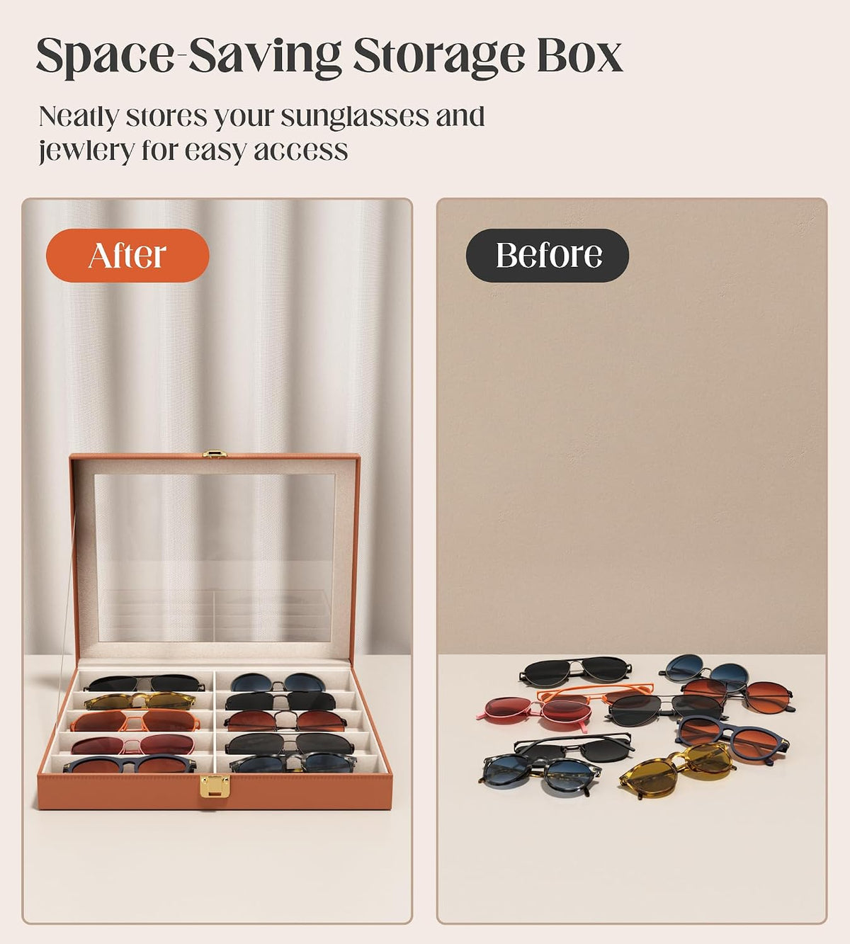 Sunglasses Organizer Storage Box - 10 Slots Eyeglass Display Case for Multiple Pair Glasses, Sunglass Holder with Clear Glass Lid, Jewelry and Watch Collection Box for Women and Men, Brown