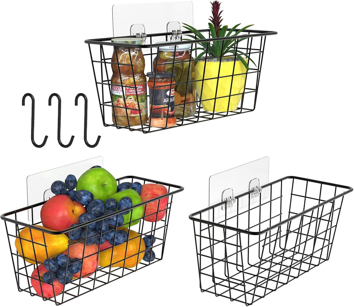 MaraFansie Wall Wire Baskets Bin No Drilling Adhesive Hanging Baskets Wall Mounted for Cabinet & Pantry Organization and Kitchen, Bathroom, Bedroom Storage, 2 Pack, White
