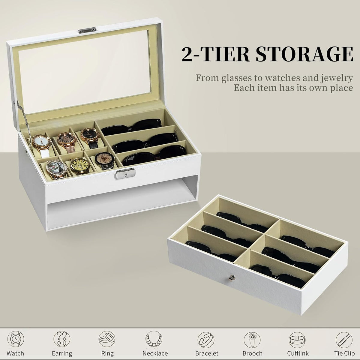 AUTOARK Leather 6 Watch Box & 9 Eyeglasses Storage Case,White,AW-131