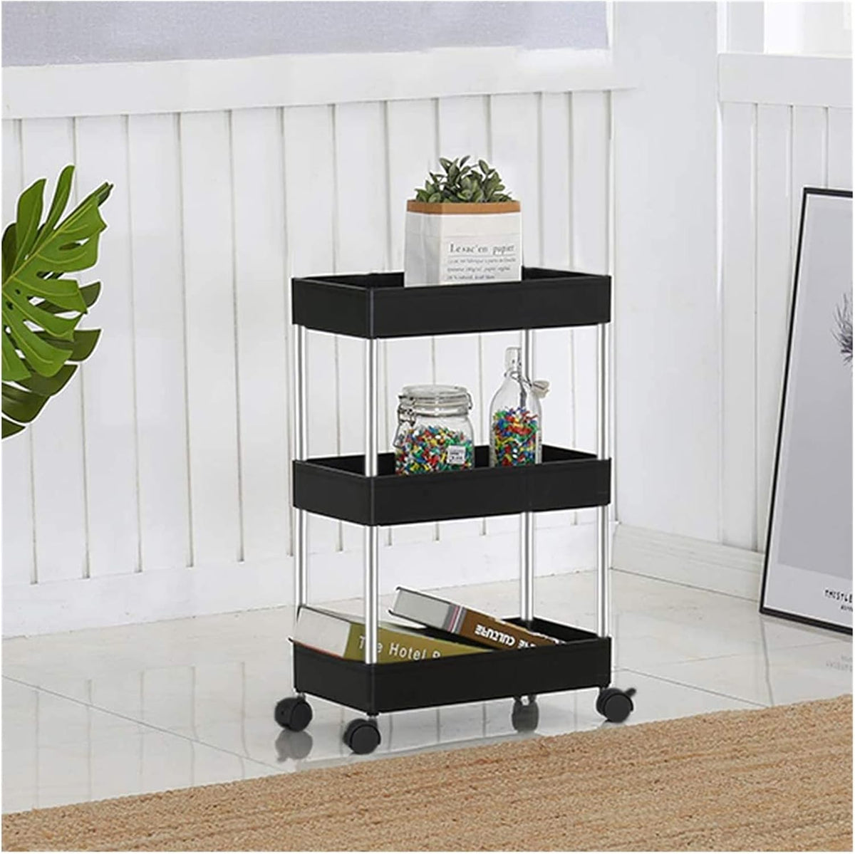 Storage Trolley 3-Tier, Storage Shelf Rack on Wheels, Multi- Purpose Trolley Organizer Cart, Rolling Cart Organiser, for Bathroom, Kitchen, Office, Library (Black-3 Layers
