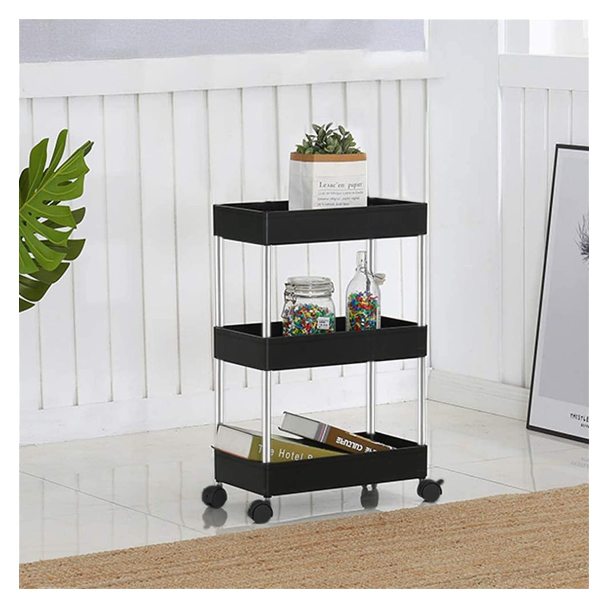 Storage Trolley 3-Tier, Storage Shelf Rack on Wheels, Multi- Purpose Trolley Organizer Cart, Rolling Cart Organiser, for Bathroom, Kitchen, Office, Library (Black-3 Layers