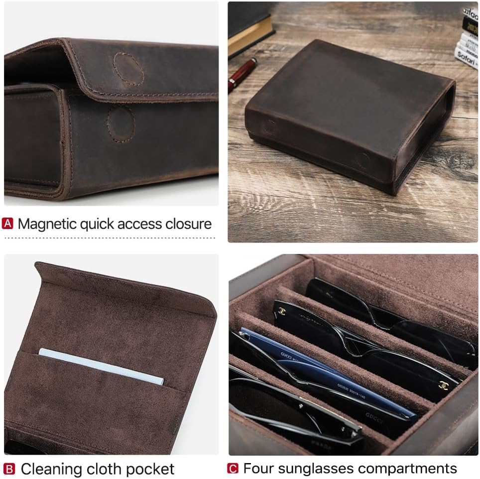 CONTACTS Genuine Leather Sunglasses Travel Case Hard Eyeglasses Box Vintage Eyewear Holder Travel Accessories