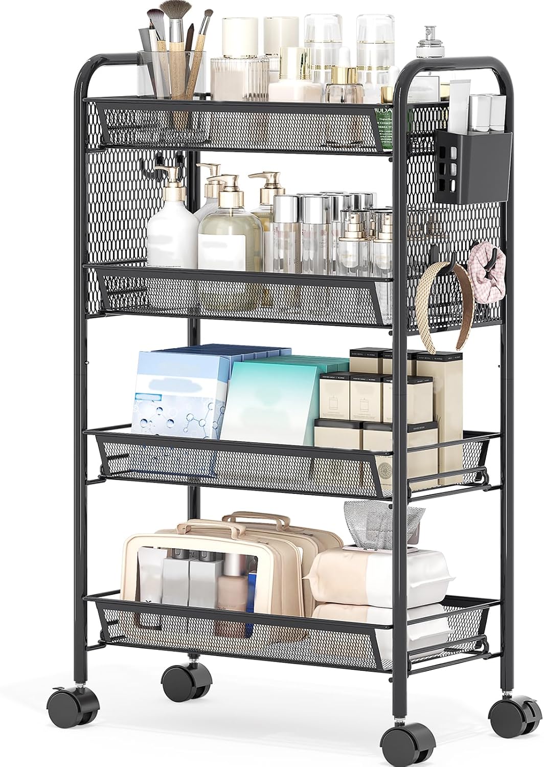 KINGRACK 4 Tier Rolling Cart, Metal Utility Storage Cart with Pegboard