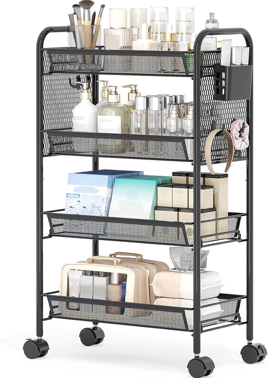 KINGRACK 4 Tier Rolling Cart, Metal Utility Storage Cart with Pegboard