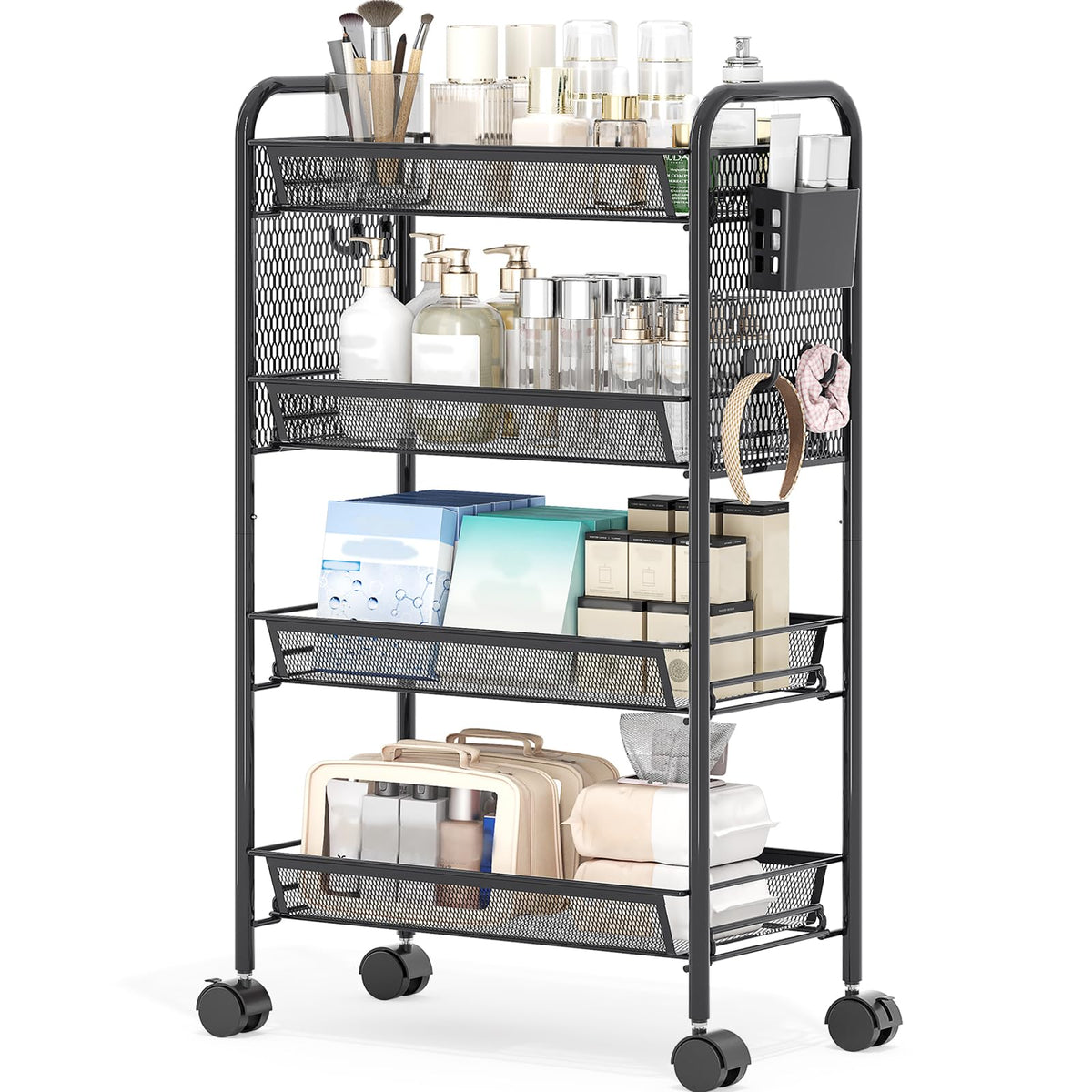 KINGRACK 4 Tier Rolling Cart, Metal Utility Storage Cart with Pegboard