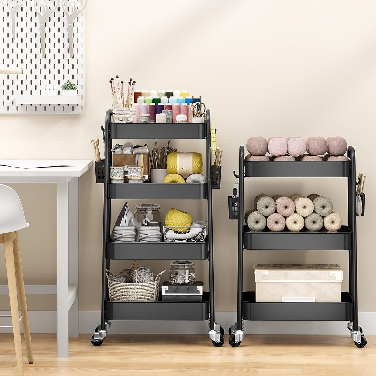 TOOLF 4 Tier Rolling Cart, Metal Utility Storage Cart with Pegboard, Black