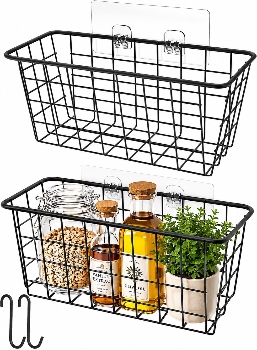 MaraFansie Wall Wire Baskets Bin No Drilling Adhesive Hanging Baskets Wall Mounted for Cabinet & Pantry Organization and Kitchen, Bathroom, Bedroom Storage, 2 Pack, White