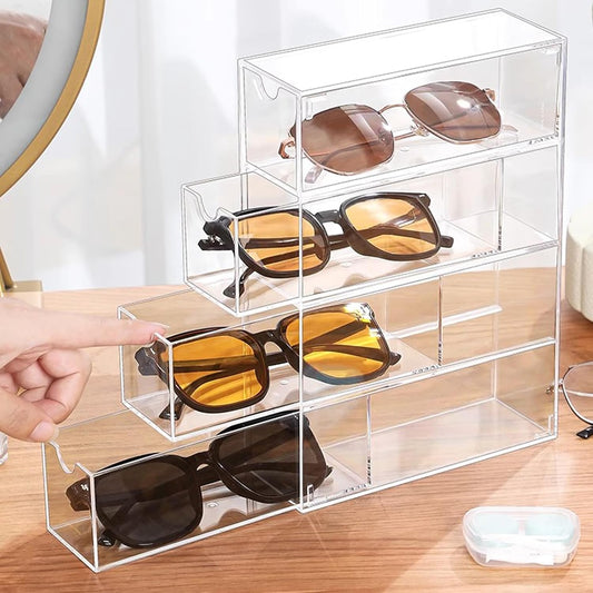 Kenpal Sunglasses Organizer for Multiple Pairs, Acrylic Stackable Glasses Holder with 4 Drawers, Transparent Eyeglass Case