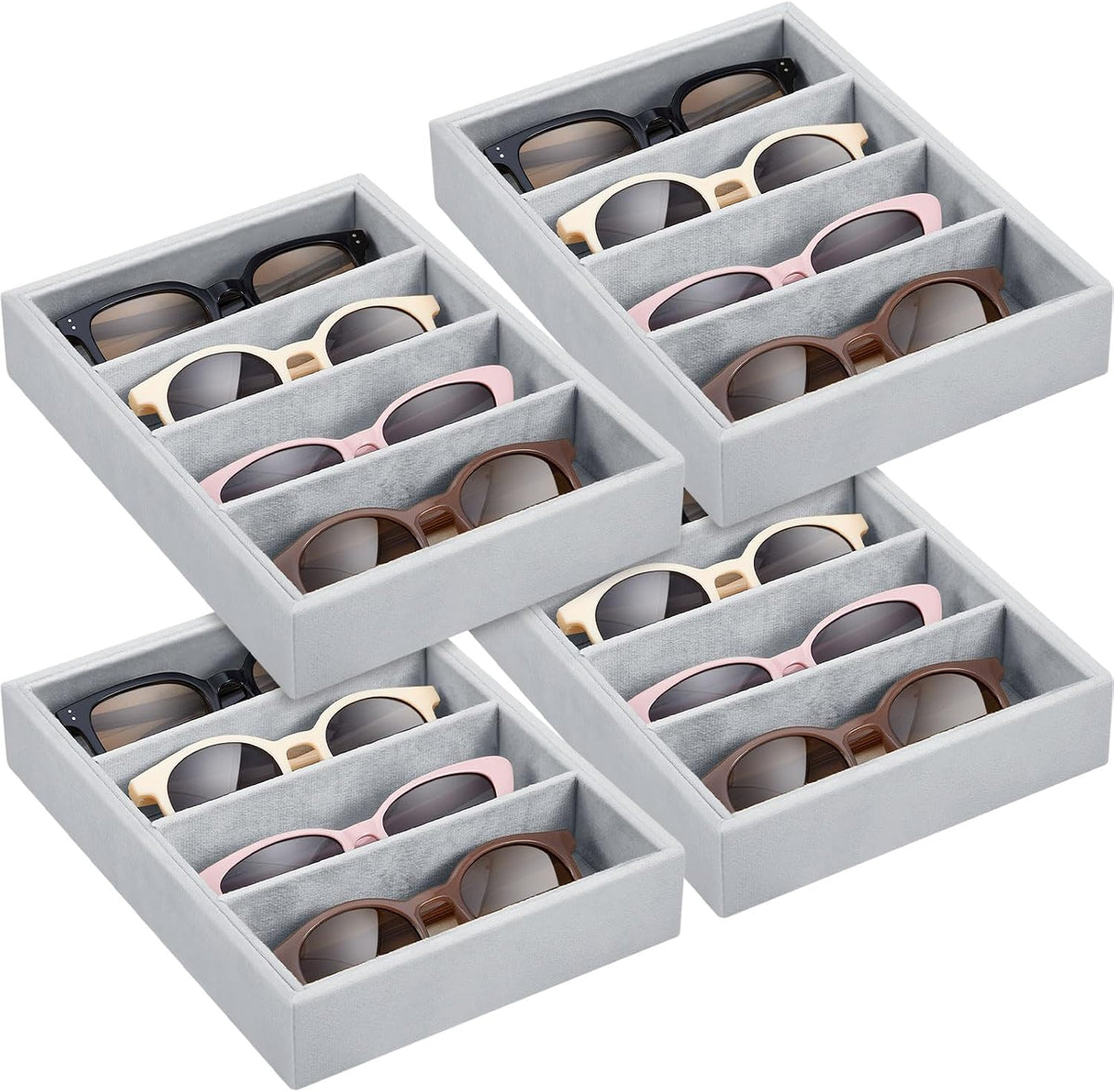 Amylove 4 Pcs Gray Sunglass Organizer Trays 4 Grids Velvet Glasses Holder Jewelry Display Organizer Eyeglasses Storage Box Drawer