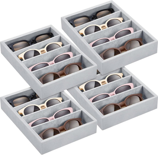 Amylove 4 Pcs Gray Sunglass Organizer Trays 4 Grids Velvet Glasses Holder Jewelry Display Organizer Eyeglasses Storage Box Drawer