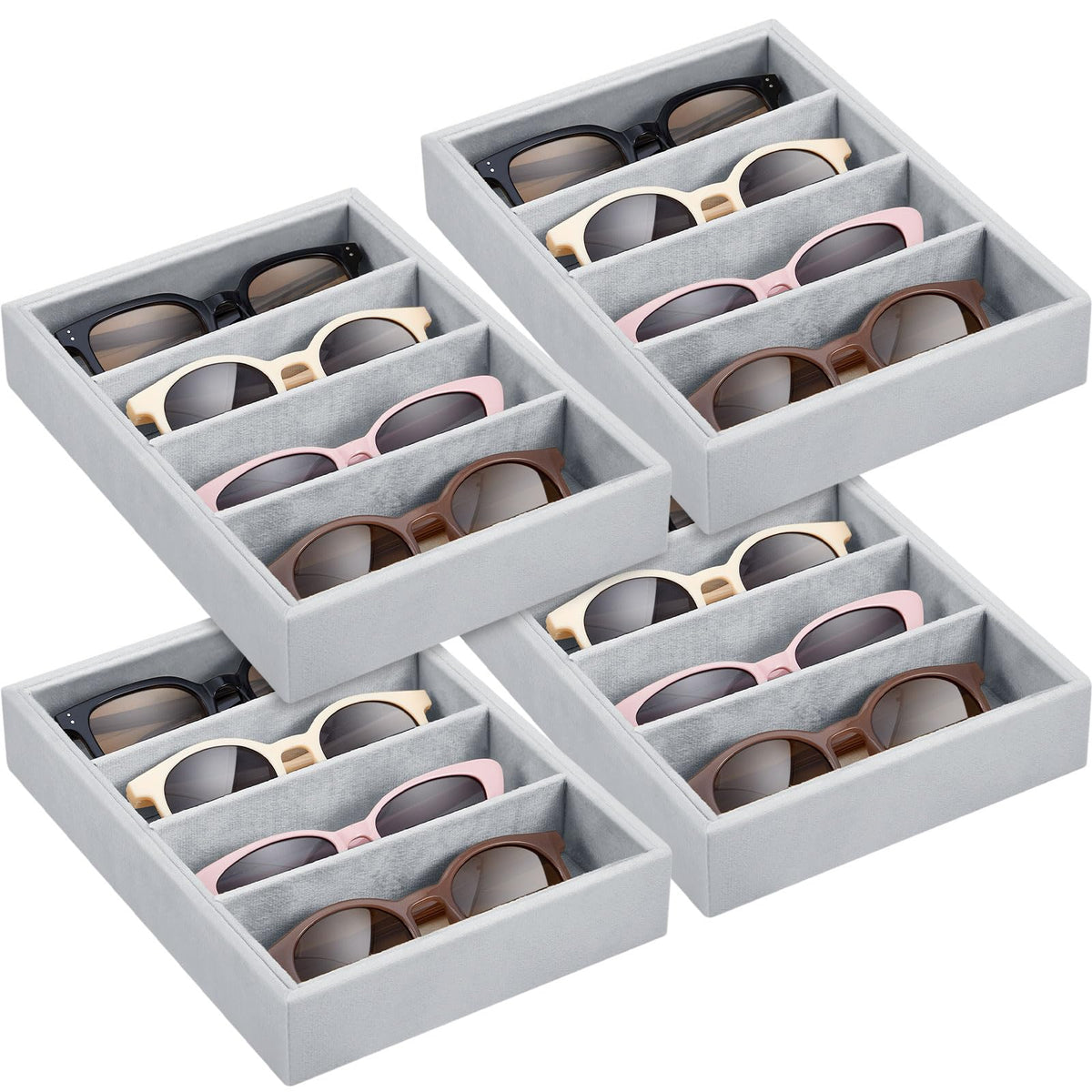 Amylove 4 Pcs Gray Sunglass Organizer Trays 4 Grids Velvet Glasses Holder Jewelry Display Organizer Eyeglasses Storage Box Drawer