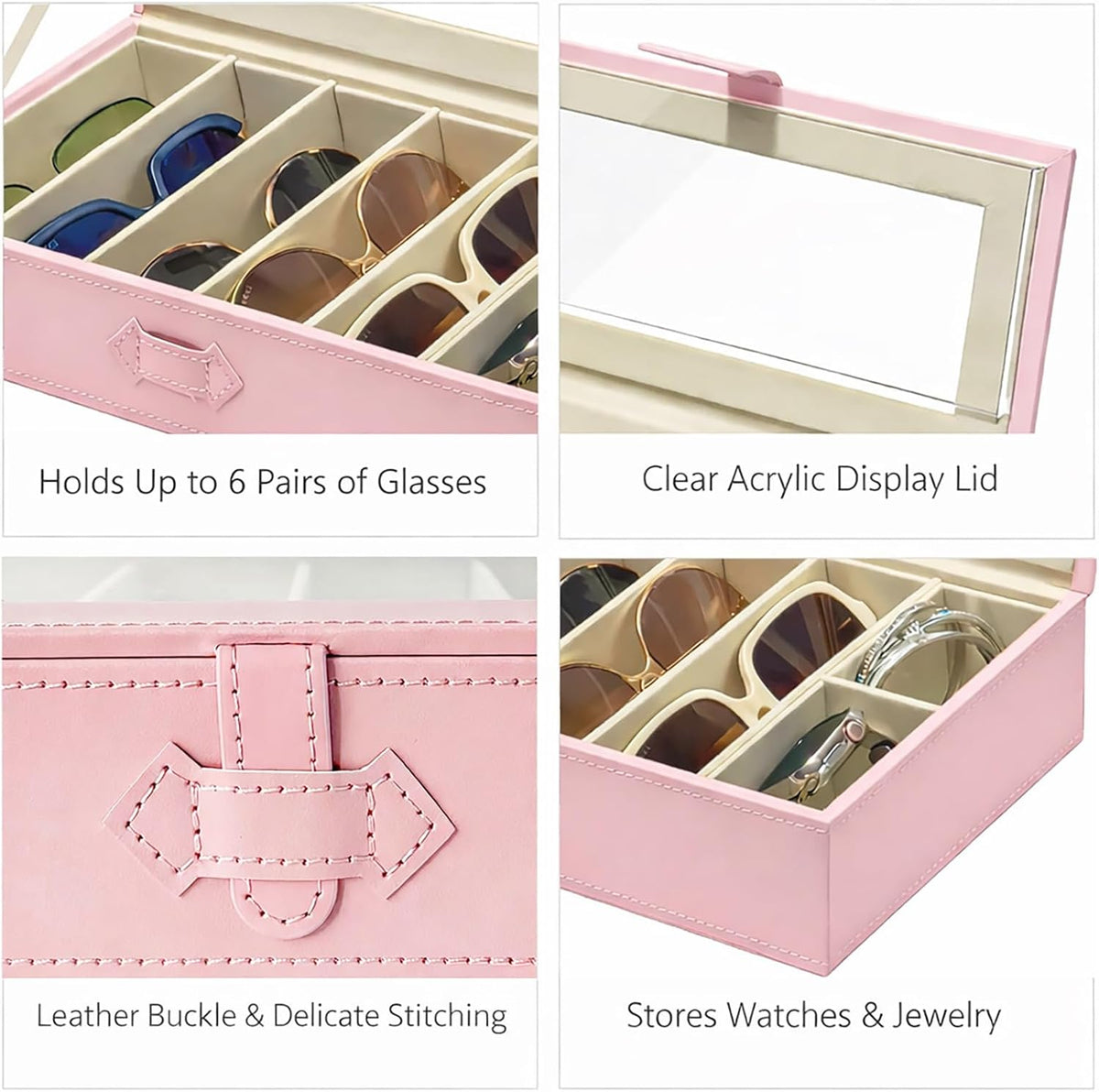UnionPlus Sunglasses Case Organizer, Multiple Sunglasses Eyeglass Glasses Display Holder Collector, 5 Slots for Sunglasses Storage and 2 Small Slots for Accessories, Pink