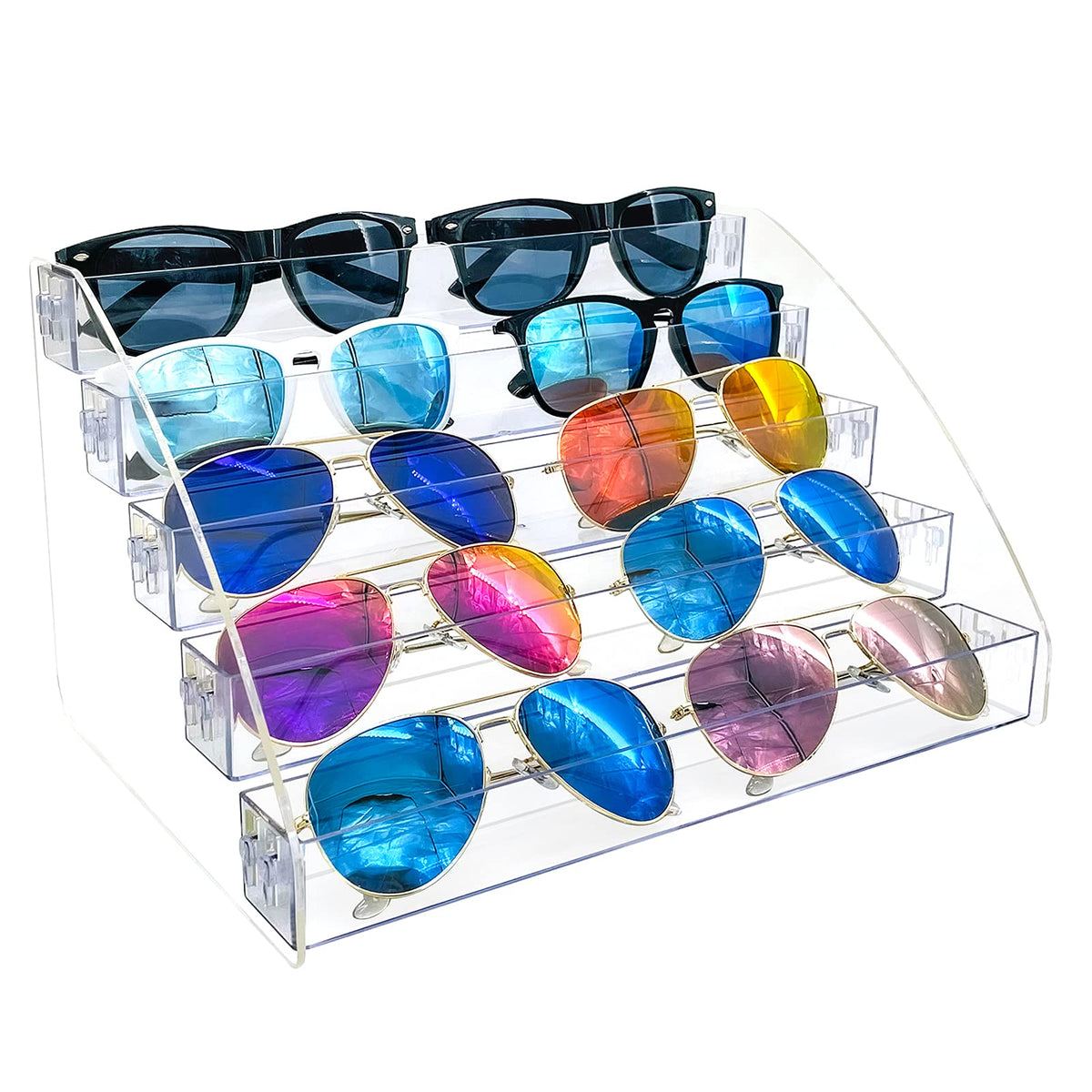 MineDecor 12 Piece Plastic Sunglasses Organizer Clear Eyeglasses Display Case 6 Tier Eyewear Storage Tray Box For Glasses Tabletop Holder Stand