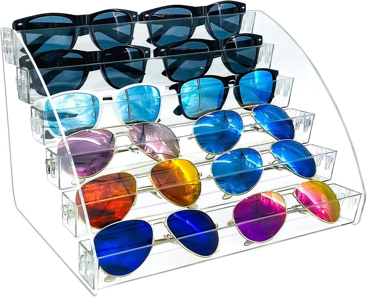 MineDecor 12 Piece Plastic Sunglasses Organizer Clear Eyeglasses Display Case 6 Tier Eyewear Storage Tray Box For Glasses Tabletop Holder Stand