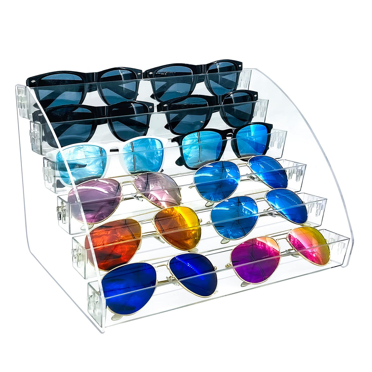 MineDecor 12 Piece Plastic Sunglasses Organizer Clear Eyeglasses Display Case 6 Tier Eyewear Storage Tray Box For Glasses Tabletop Holder Stand