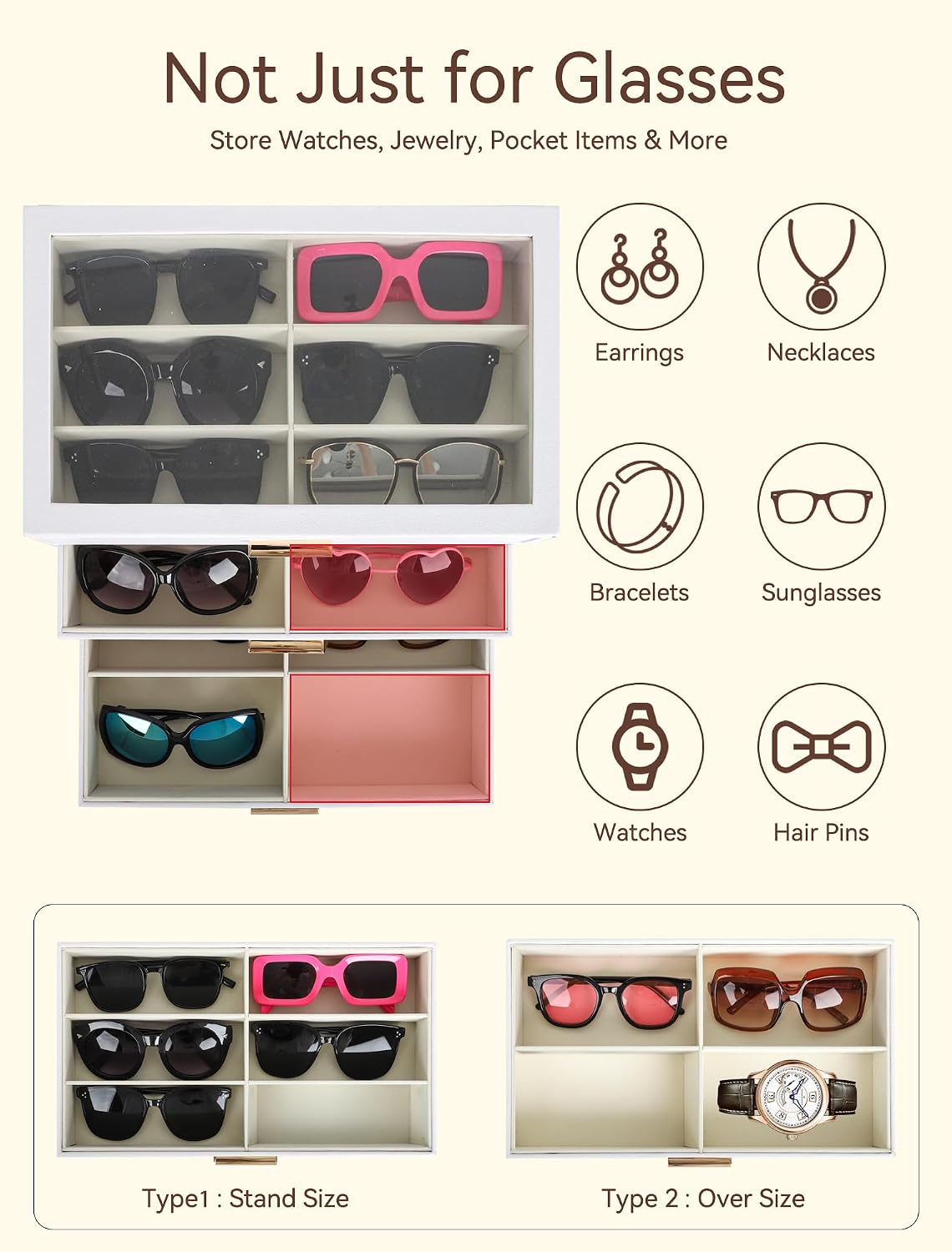 Sunglasses Organizer for Storage Oversize Glasses, Update Pebbled Leather