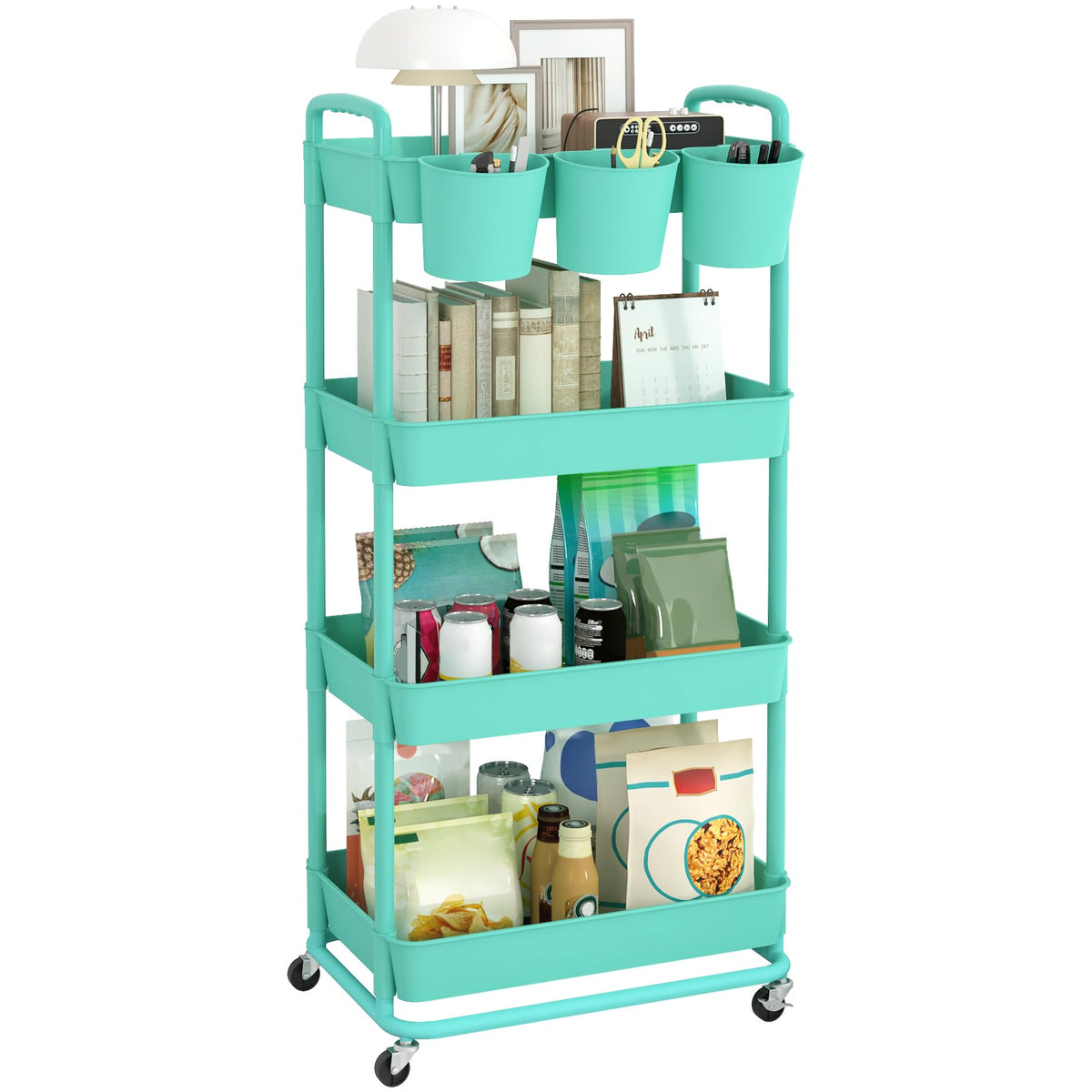 JIUYOTREE 4-Tier Plastic Rolling Storage Cart Utility Cart White