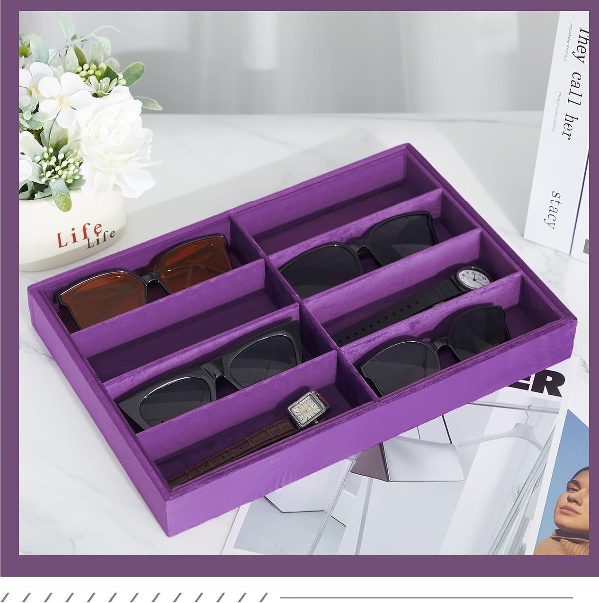 Amylove 2 Pack Sunglasses Organizer Tray Velvet Holder,8 Grids,Purple