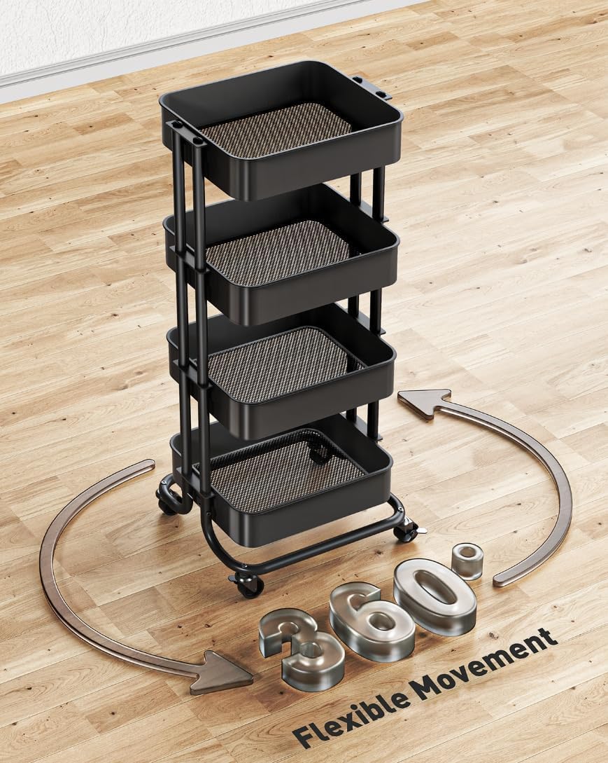Pipishell 4 Tier Metal Rolling Utility Cart with 2 Lockable Wheels, Black