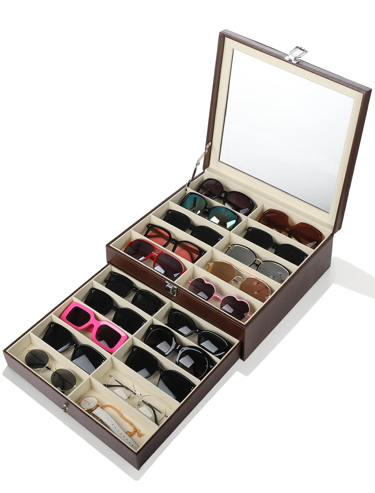 Sunglasses Organizer 20 Slots, Multiple Pairs Glasses Storage Case Leather Eyeglasses Display Box for Women Men