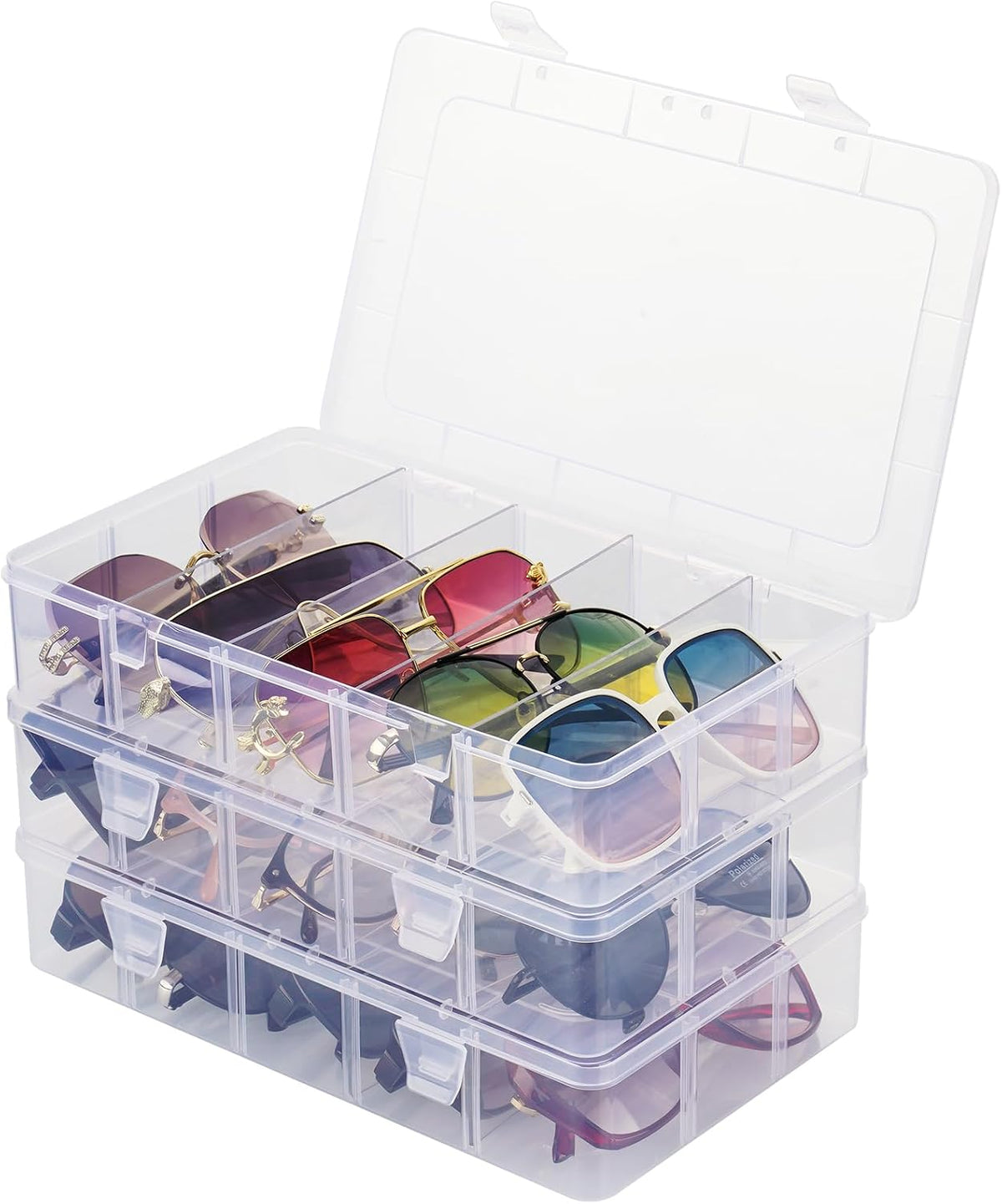 NiHome Sunglasses Organizer Box, Stackable 3-Tier Eyeglass Case, 15 Pairs