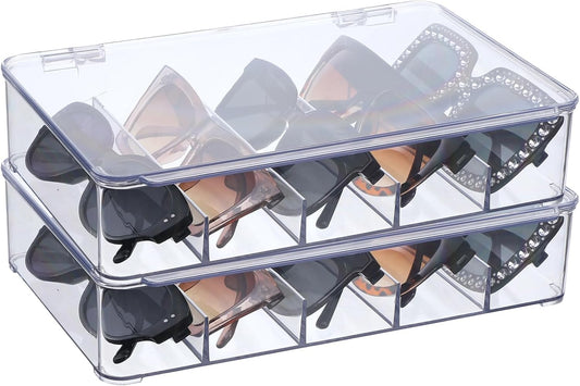 2PCS Sunglasses Organizer, 5 Slot Clear Glasses Storage Case Clear
