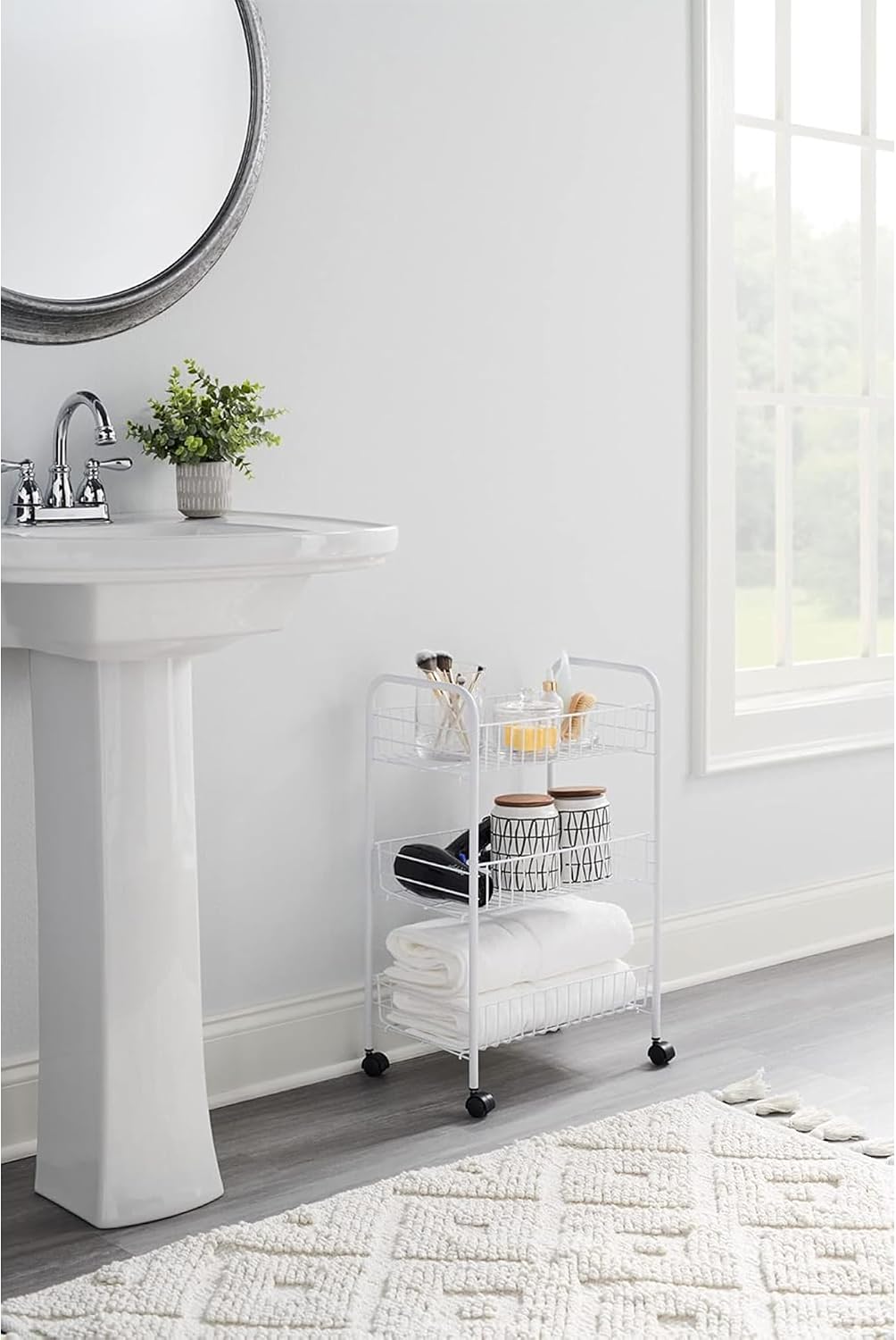 Rubbermaid 3-Tier Wheeled Adjustable Metal Storage Organizer Cart, White