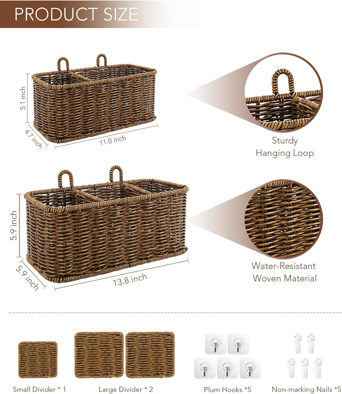 AceList Hanging Wall Basket with Removable Dividers, Set of 2 Woven Storage Baskets - Faux Rattan Wall Mounted Organizer for Kitchen Bathroom, Includes 5 Clear Hooks & 5 No-Mark Nails, Boho Decor