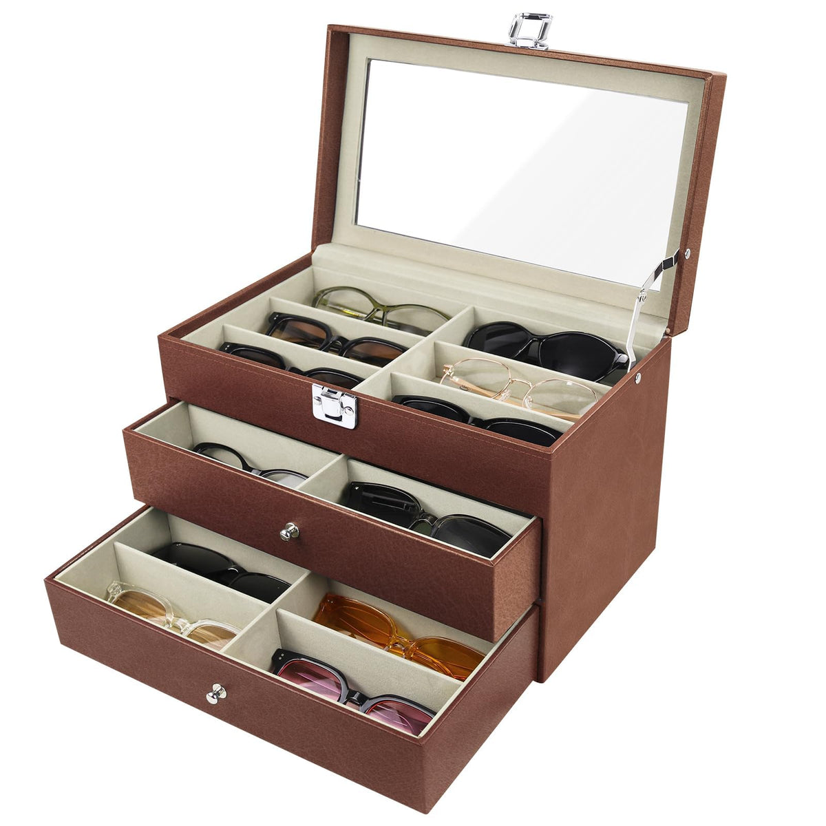 Sunglasses Organizer 18/20 Slots, Multiple Pairs Glasses Storage Case Leather Eyeglasses Display Box for Women Men