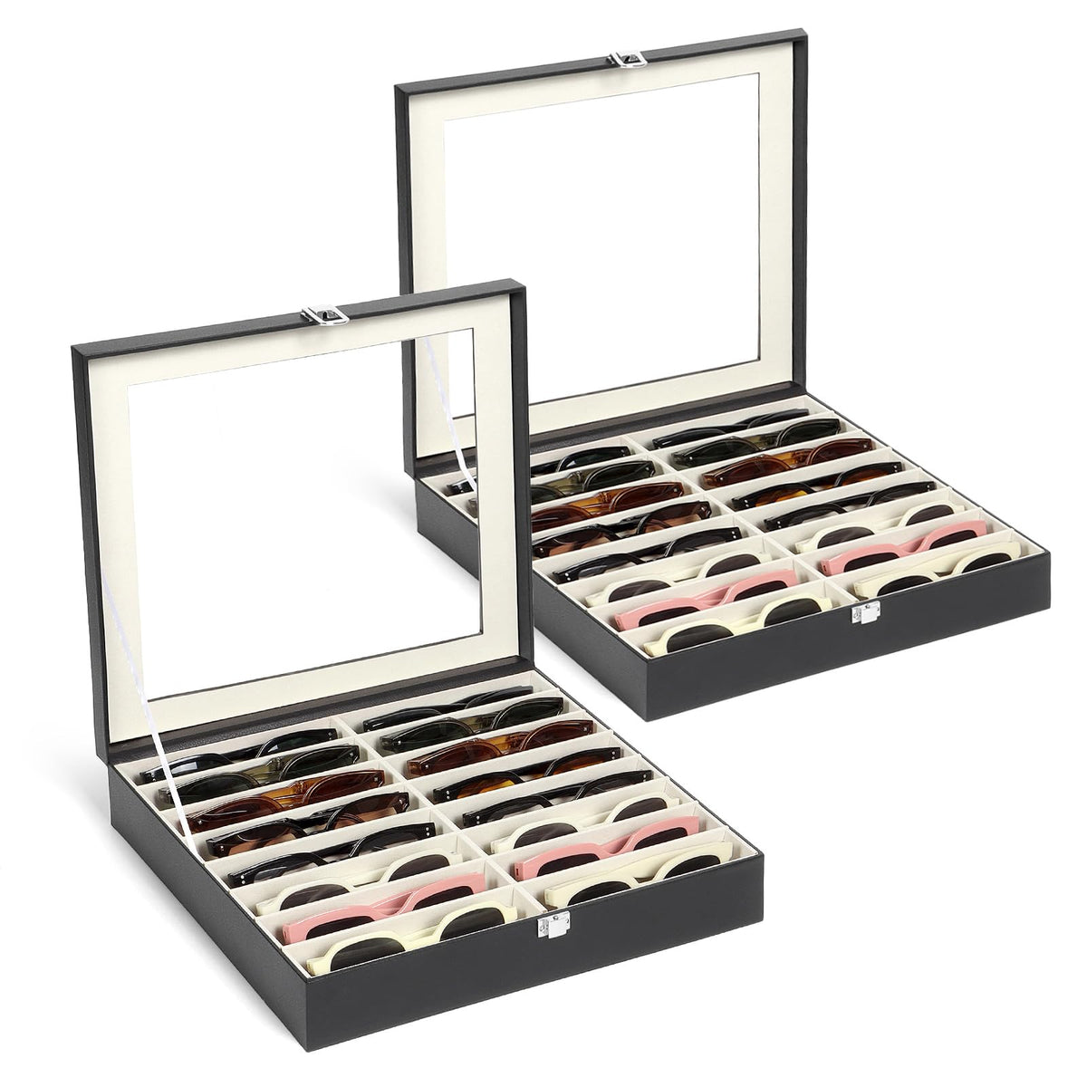 Sunglasses Organizer Case with Adjustable Slots, Eyeglasses Display with Lid, Eyewear Storage Box for Large Glasses