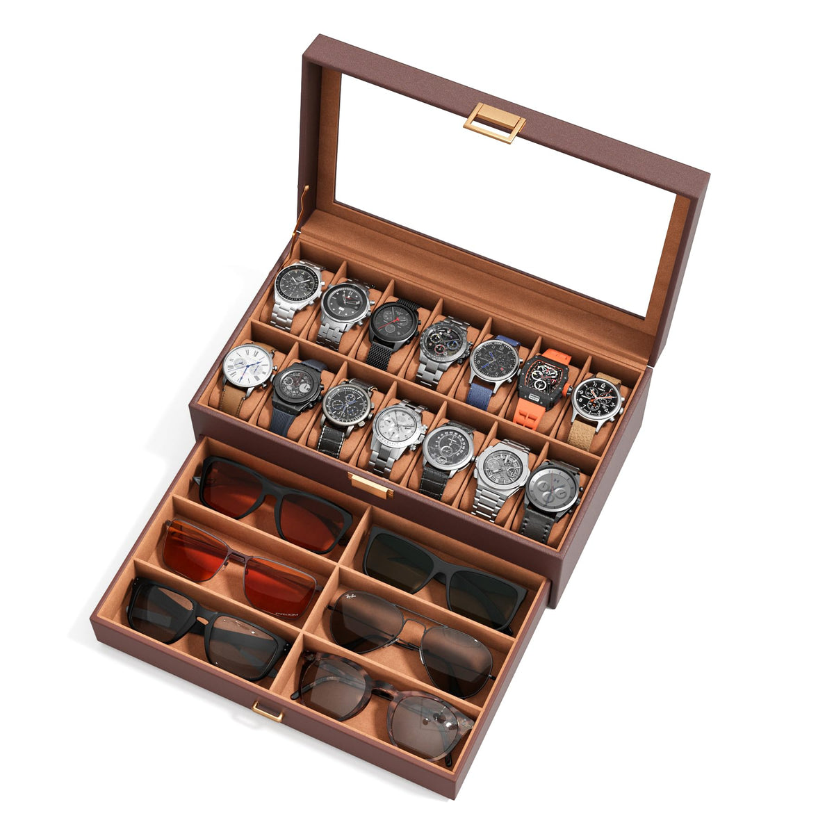 Watch Case Box for Men – 14 Slots Watch Display Organizer with 6-Compartment Eyeglasses Storage, Real Glass Lid 2-Layer PU Leather Collection Holder Gift for Loved Ones Brown