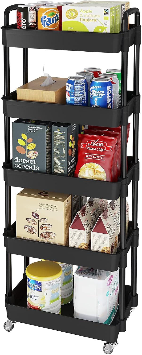 5 Tier Rolling Cart with Wheels,Utility Storage Carts,Black