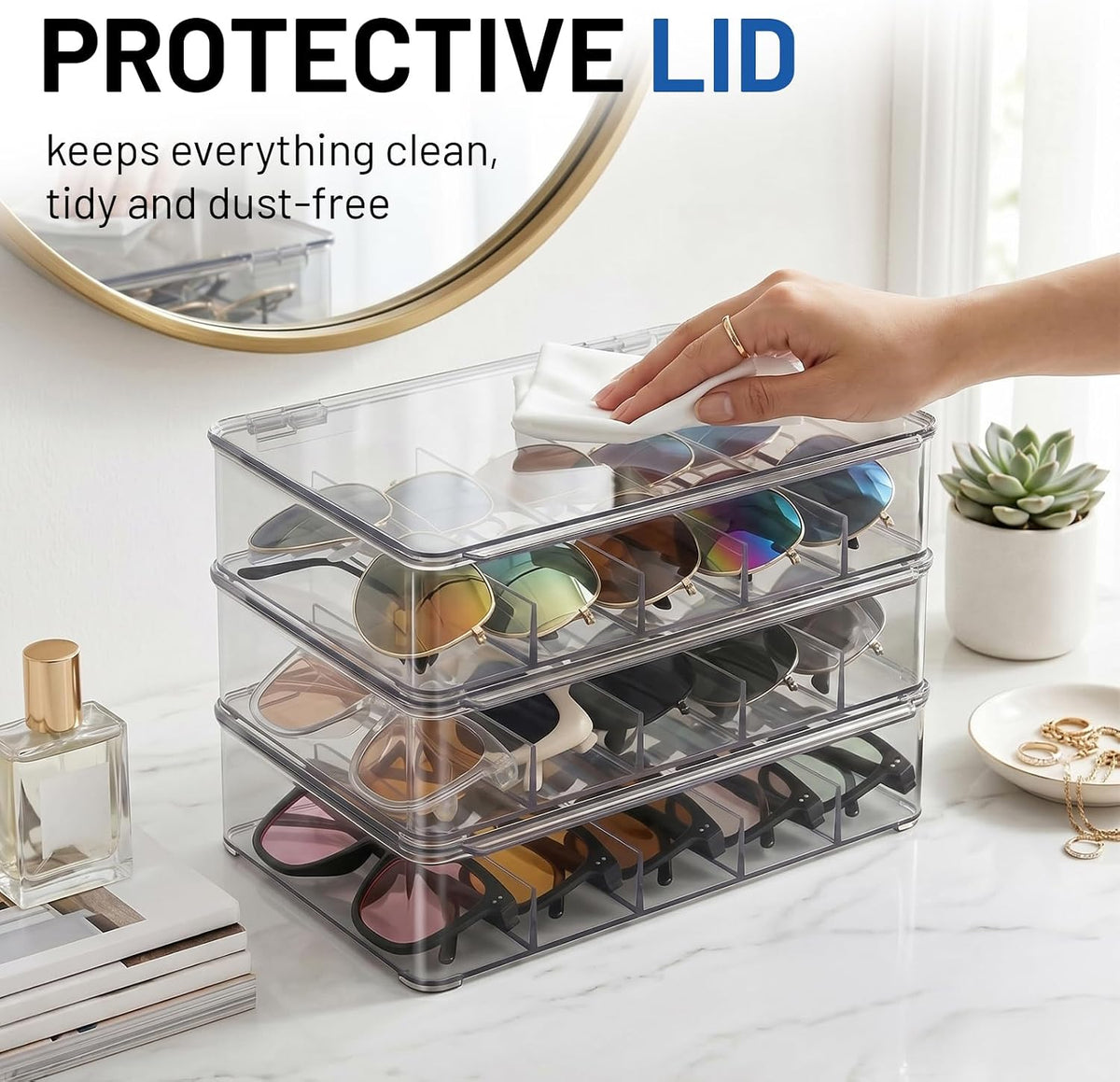 Ewen Clear Acrylic Stackable Sunglasses Case, Eyeglass Display Watches Sunglasses Makeup Organizer