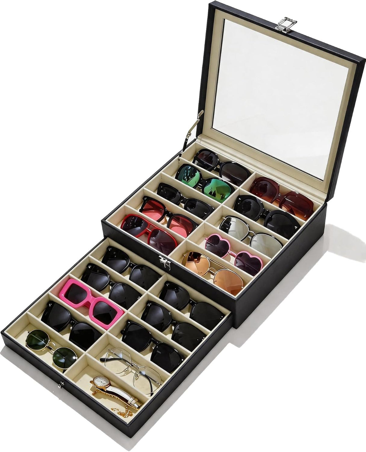 Sunglasses Organizer 20 Slots, Multiple Pairs Glasses Storage Case Leather Eyeglasses Display Box for Women Men