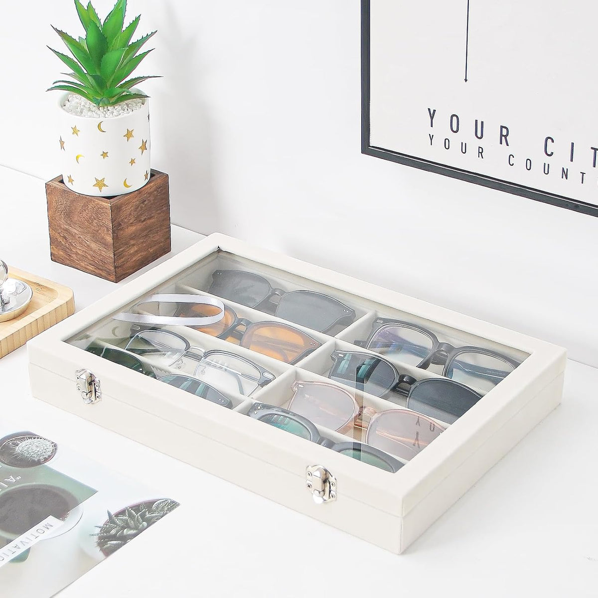 Coward Sunglass Organizer Tray Box, Beige Velvet Grids Eyeglasses Display Tray Case with Transparent Glass Lid for Home Use or Store Shop Selling Show