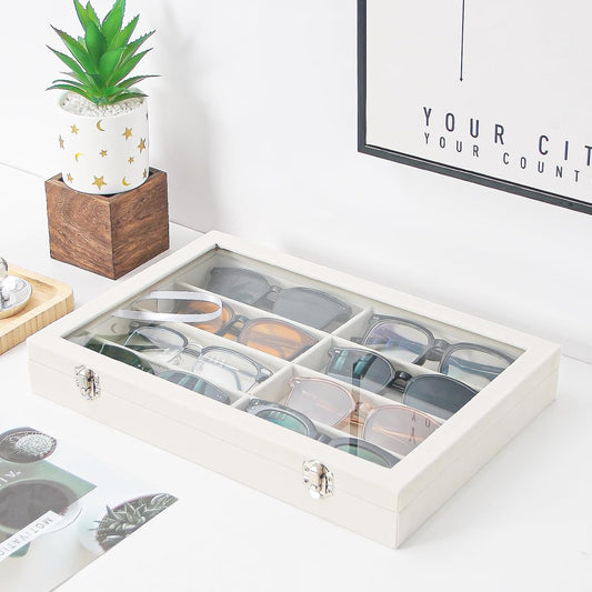 Coward Sunglass Organizer Tray Box, Beige Velvet Grids Eyeglasses Display Tray Case with Transparent Glass Lid for Home Use or Store Shop Selling Show