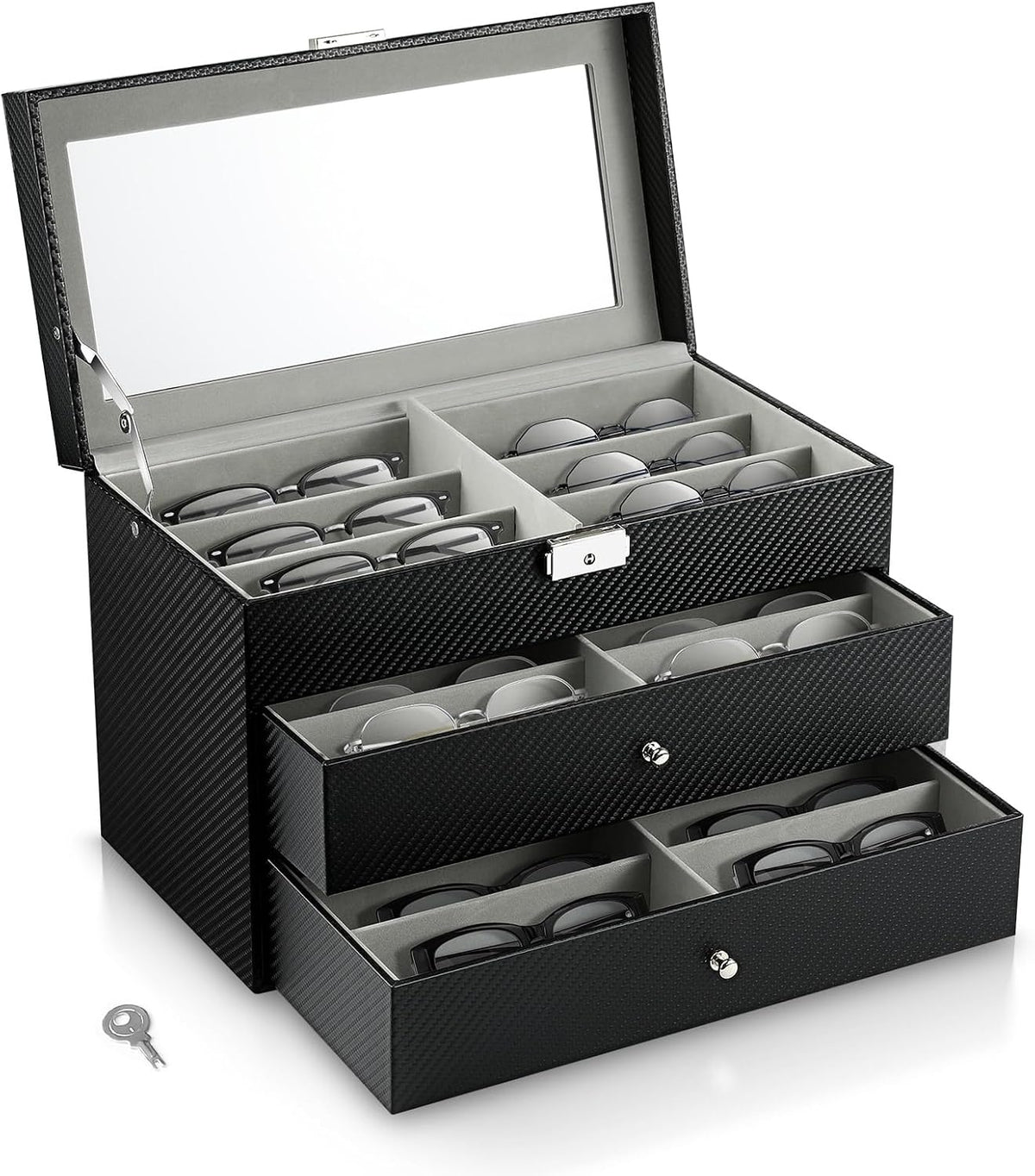 MoKo Sunglasses Organizer, Leather Sunglass Display Collection Holder Case with Drawer Clear Glass Lid