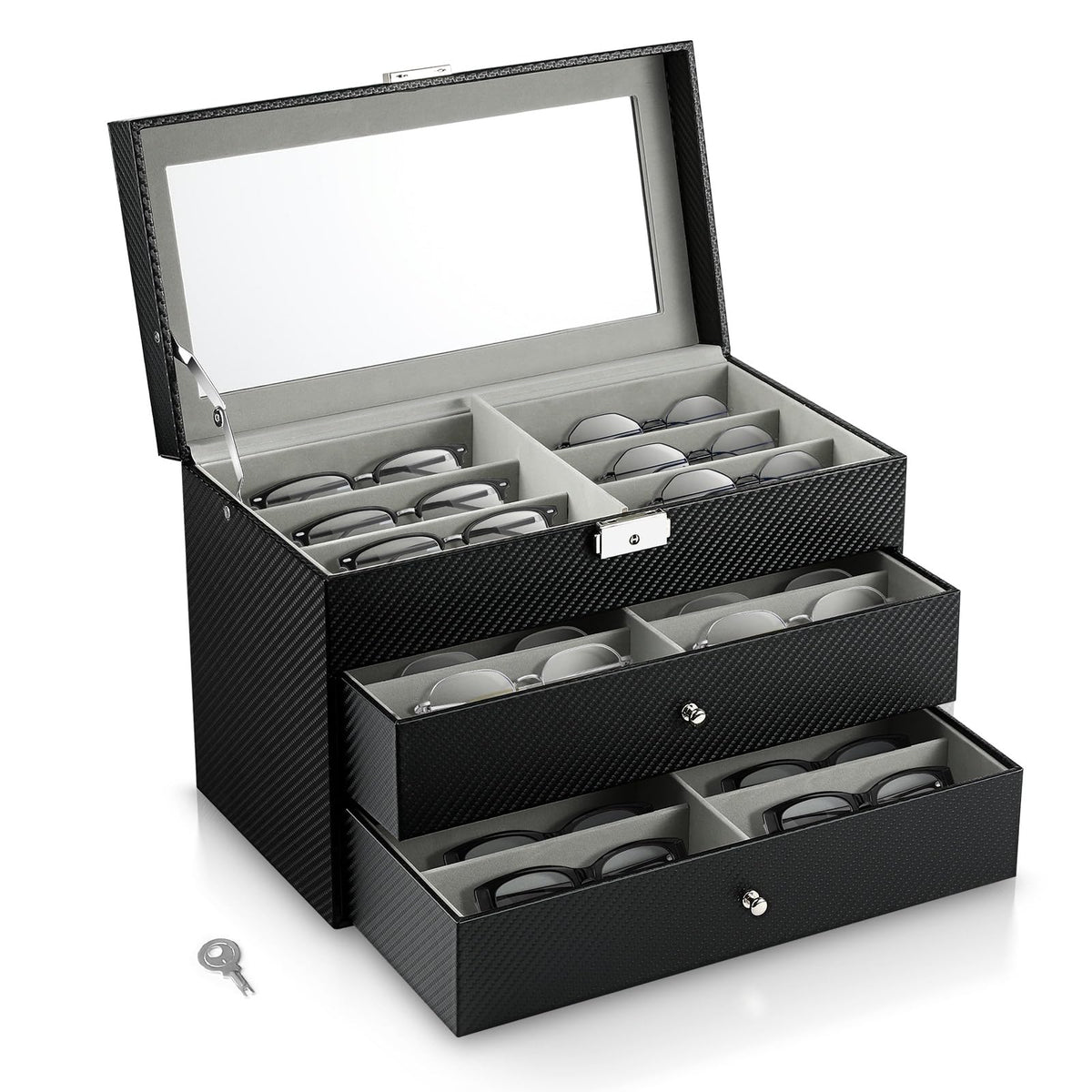 MoKo Sunglasses Organizer, Leather Sunglass Display Collection Holder Case with Drawer Clear Glass Lid